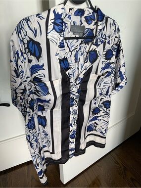 Anthropologie Blue, Black and White Floral Button-Front Blouse